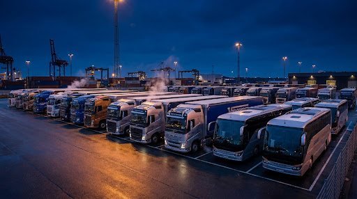 Buses and trucks parked at a fleet depot in Saudi Arabia at dusk